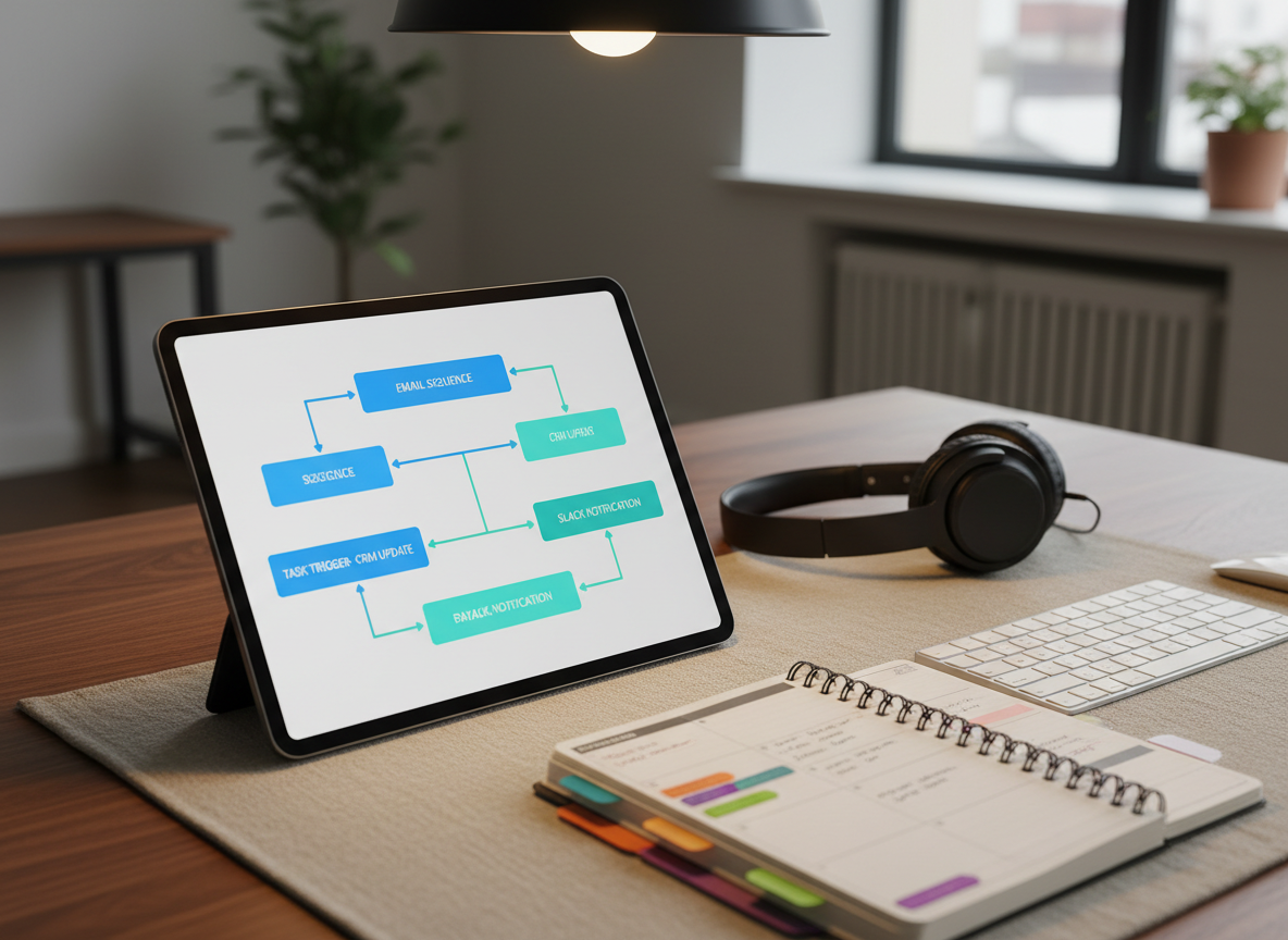 A close-up of a tablet on a walnut desk displaying a clean automation workflow interface with interconnected blocks glowing softly in blues and teals, symbolizing email sequences, task triggers, and integrations. Beside it lies a wireless keyboard, a color-coded planner opened to a weekly overview, and a pair of noise-cancelling headphones resting on a linen desk mat. Warm, indirect pendant lighting creates a cozy yet focused glow, with subtle reflections on the tablet’s glass surface. Photographic realism, shot from a slightly elevated angle with moderate depth of field, evoking a mood of calm productivity and seamless digital automation tailored for overwhelmed business owners.