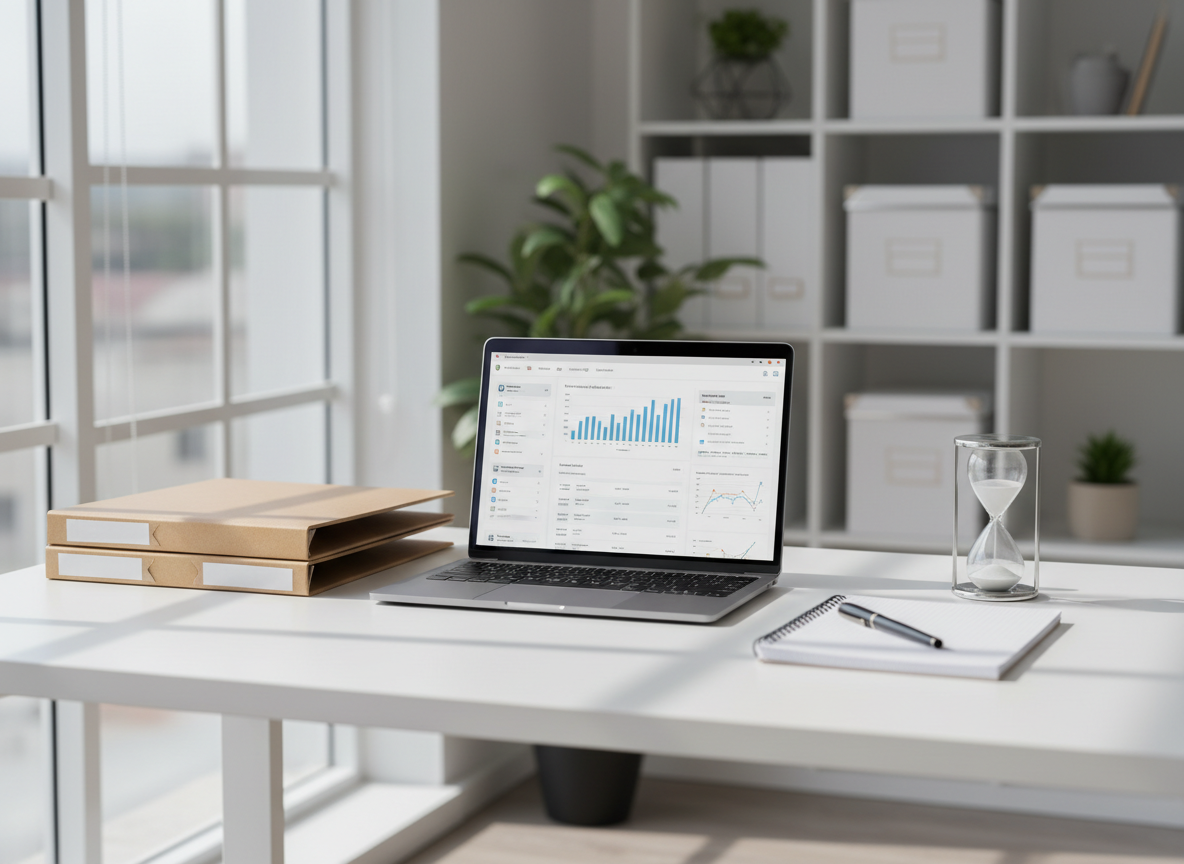 A sleek, uncluttered white desk with a slim silver laptop open to a clean project dashboard, surrounded by neatly stacked kraft paper folders, a fine-tip black pen aligned parallel to a dotted notebook, and a minimalist sand hourglass half-run. The workspace sits near a large window in a modern office, with soft daylight washing across a pale wooden surface and casting gentle, organized shadows. In the blurred background, subtle shelves hold labeled storage boxes and a single leafy plant. Photographic realism, shot at eye level with a shallow depth of field, creating a calm, professional, and efficient atmosphere that conveys structure and control for business management and organization.