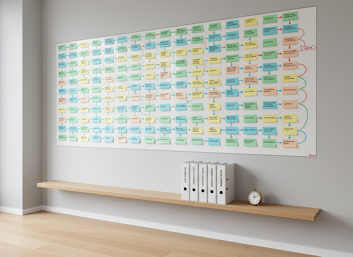 A large, wall-mounted whiteboard filled with neatly drawn process maps and color-coded arrows, each step contained in crisp pastel sticky notes, all perfectly aligned. Below it, a tidy floating shelf holds closed binders labeled with clear, minimalist typography and a small analog timer resting on its side. The room has pale gray walls and a light oak floor, lit by diffused overcast daylight from an unseen window, producing soft, shadowless illumination. Photographic realism, captured from a slightly angled perspective with sharp focus throughout, conveying clarity, strategic thinking, and methodical workflow optimization for entrepreneurs seeking better organization.